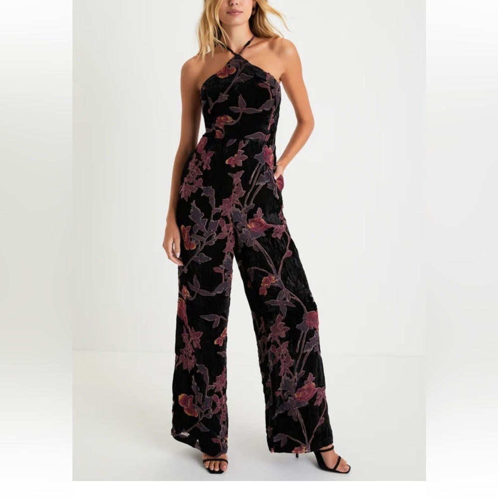 Lulus Exquisite Vibe Black Floral Burnout Velvet Lace-Up Jumpsuit